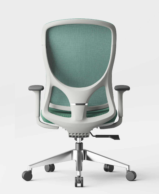Silla ergonómica para oficina con respaldo de malla verde, asiento gris y brazos ajustables