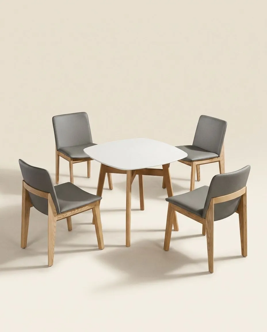 Set compacto con mesa cuadrada y butacas de nogal con piel marfil