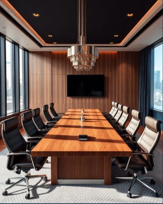 Sala de juntas ejecutiva con mesa de nogal