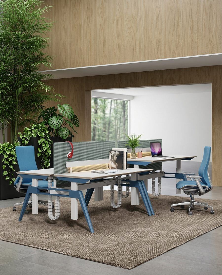 Estaciones de trabajo corporativas bench con sillas ergonómicas azules, paneles acústicos y plantas integradas frente a ventanal con vista al bosque