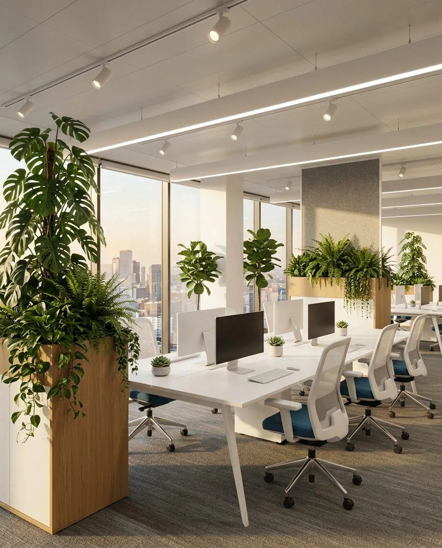 Oficina abierta corporativa con bench desks blancos, sillas ergonómicas, jardineras de roble con monstera y helechos, y ventanal con vista a la ciudad
