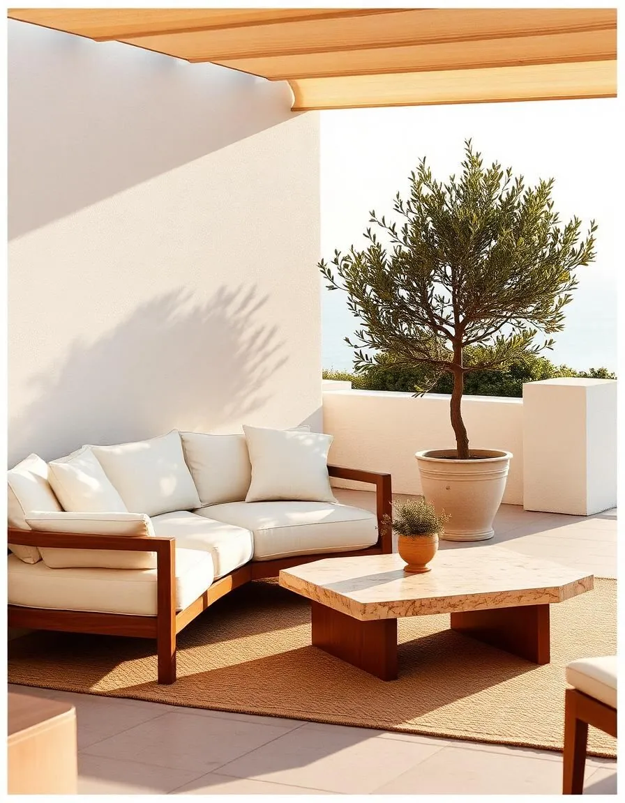 Terraza con sofá blanco, mesa de travertino y olivo