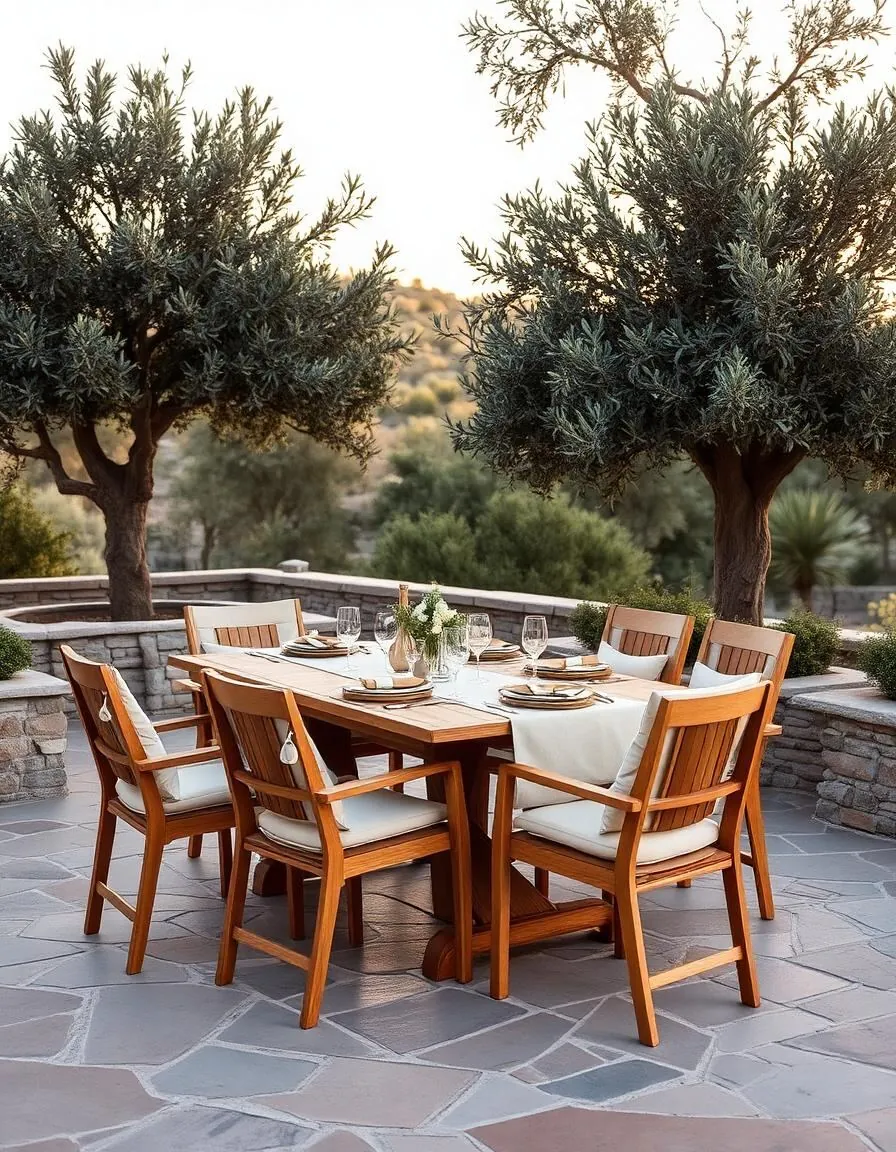 Comedor exterior de teca bajo olivos al atardecer