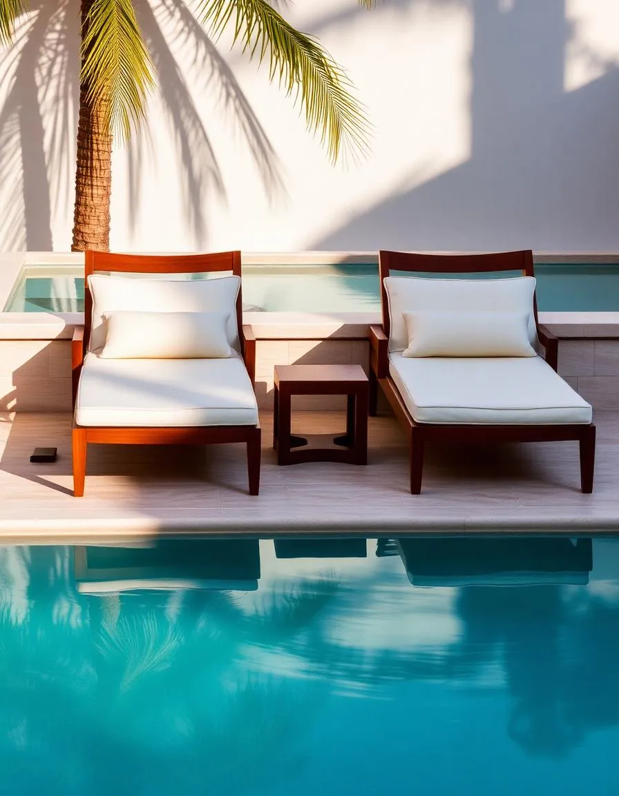 Chaise lounges junto a una alberca con palma