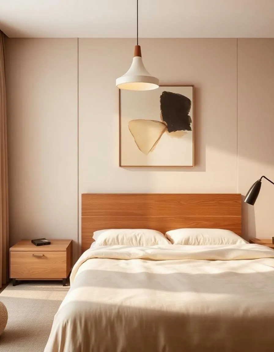 Suite de hotel con cabecera de roble y arte abstracto