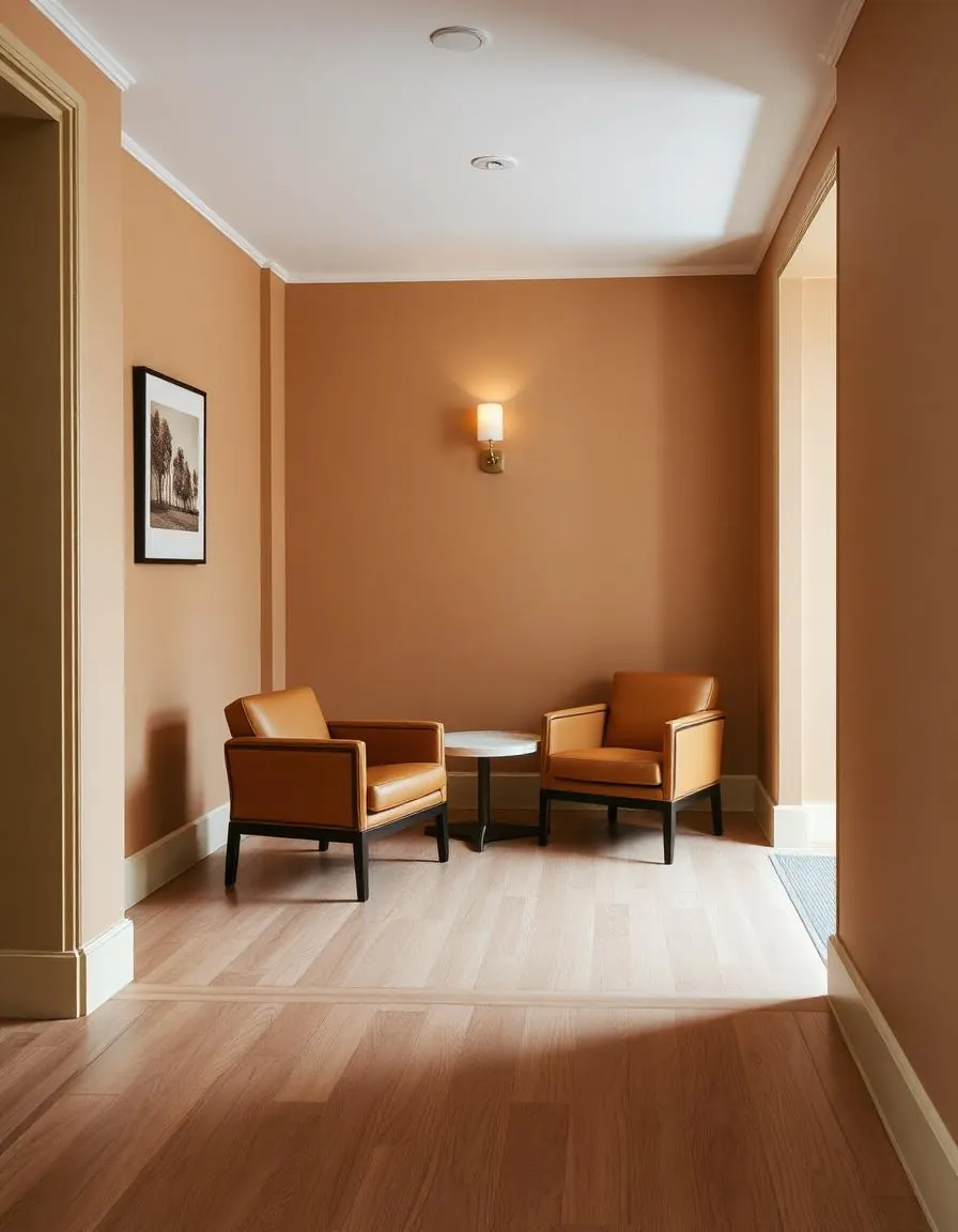 Lounge de pasillo de hotel con sillones de piel caramelo