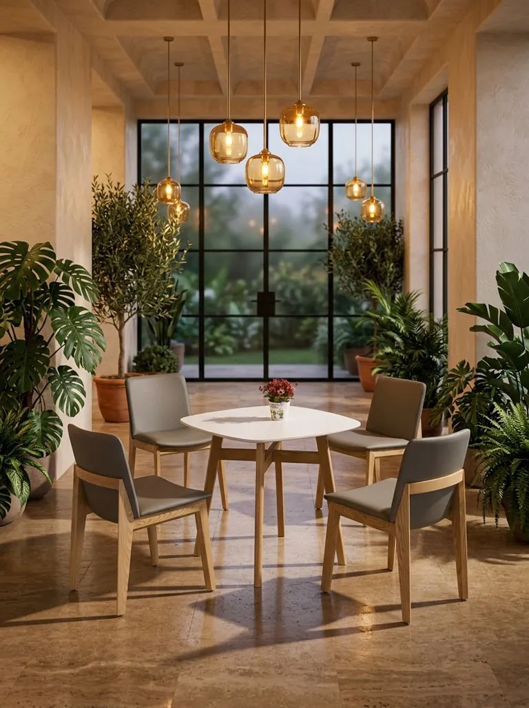 Mesa cuadrada blanca con sillas grises tapizadas en restaurante sofisticado con plantas, iluminación cálida ámbar y ventanal al jardín